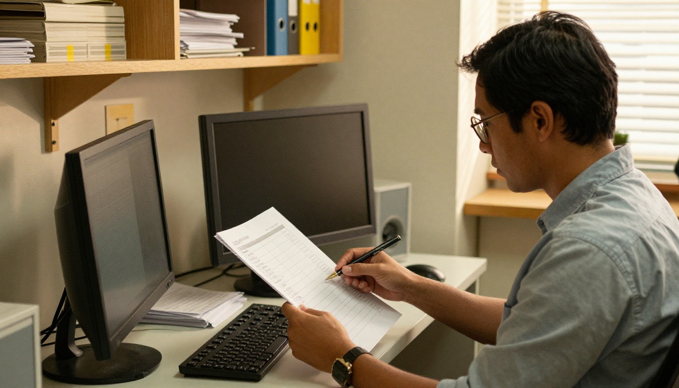 Clinic manager reviewing a printed checklist at a standing desk