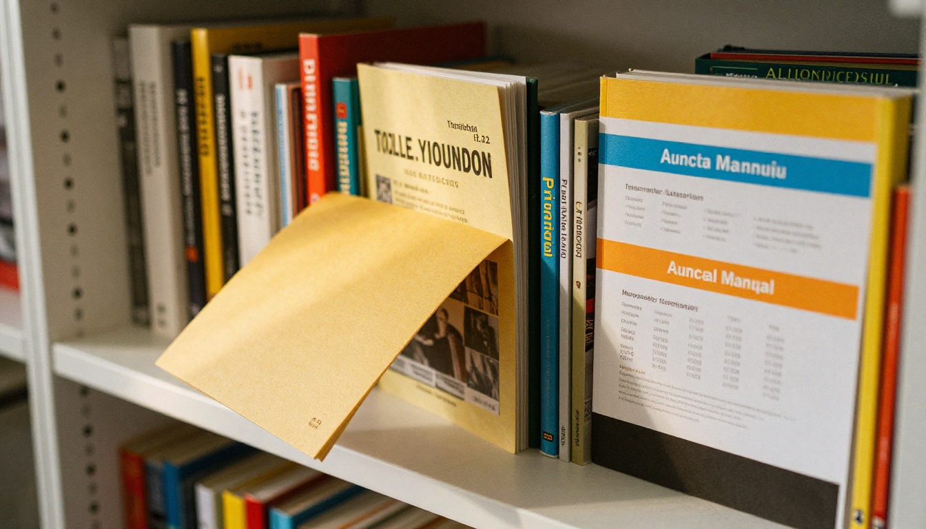Bookshelf of colorful printed reports in an agency