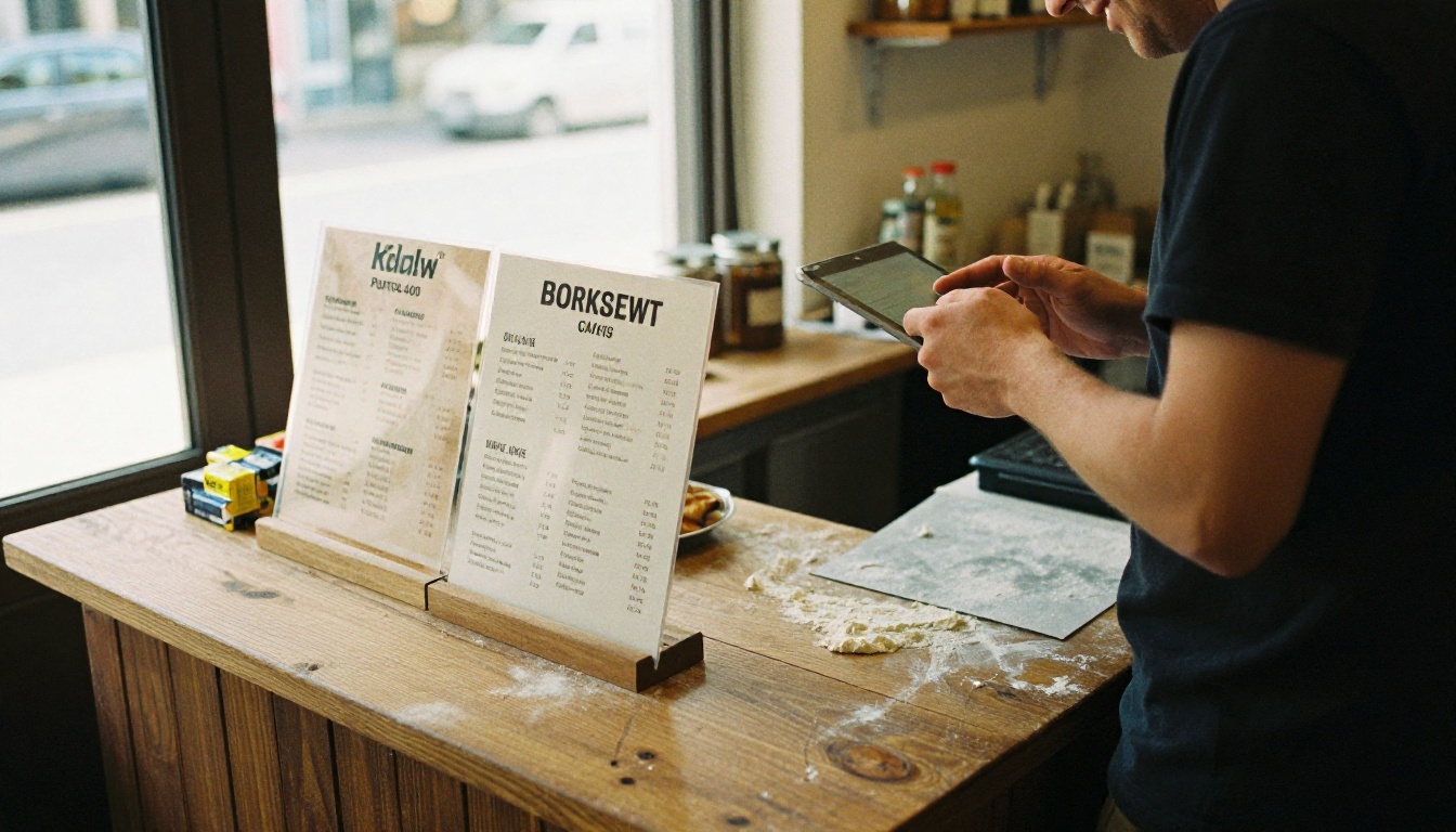 Bakery counter with a printed menu and owner holding a tablet