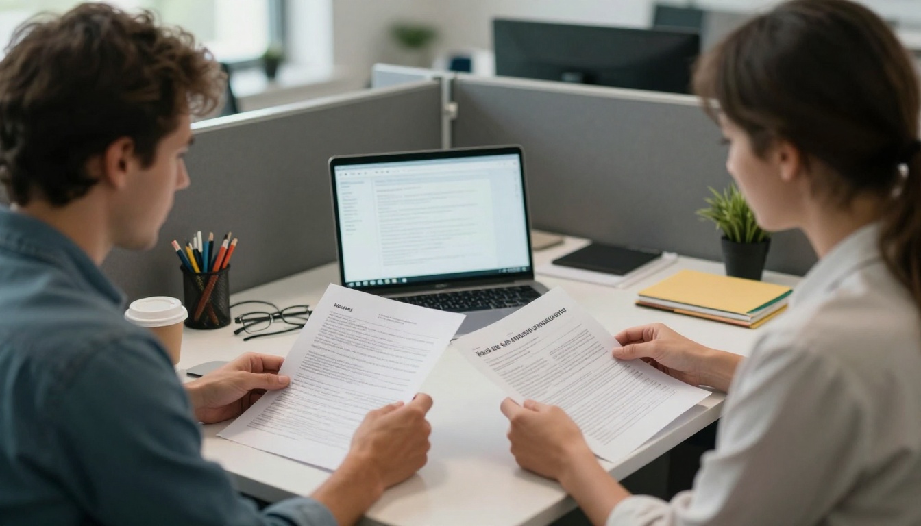 Two colleagues comparing printed pages and a laptop