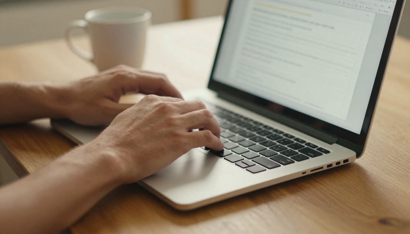 A man types into a short contact form at a sunlit kitchen table A man types into a short contact form at a sunlit kitchen table