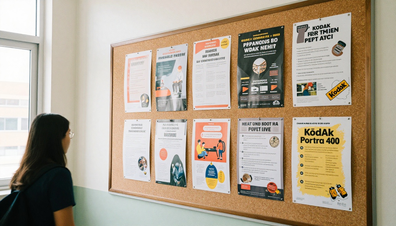 School hallway bulletin board with posters
