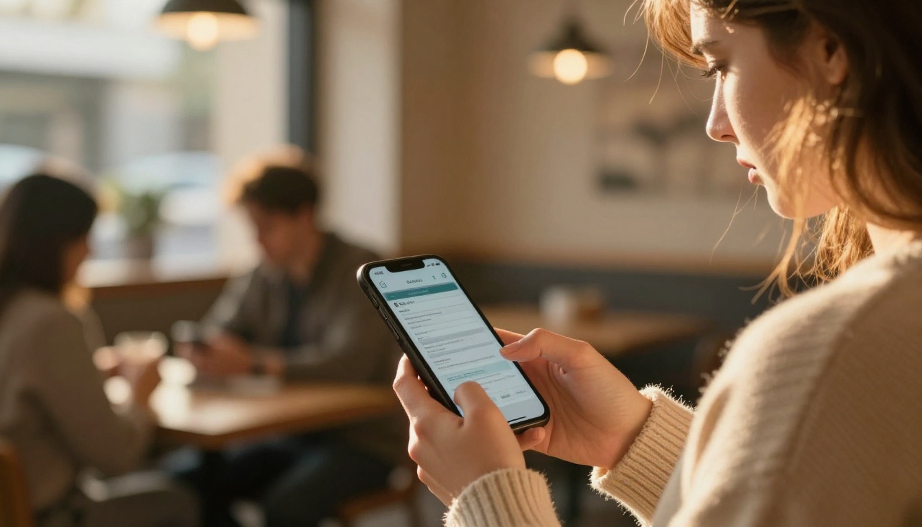 A woman frowns while scrolling a long form on her phone in a cafe A woman frowns while scrolling a long form on her phone in a cafe