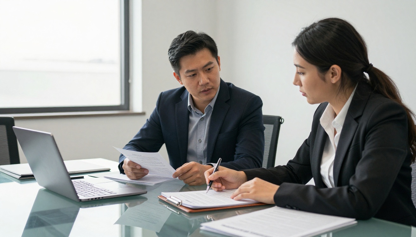 Two sales professionals review printed lead qualification notes at a glass table Two sales professionals review printed lead qualification notes at a glass table