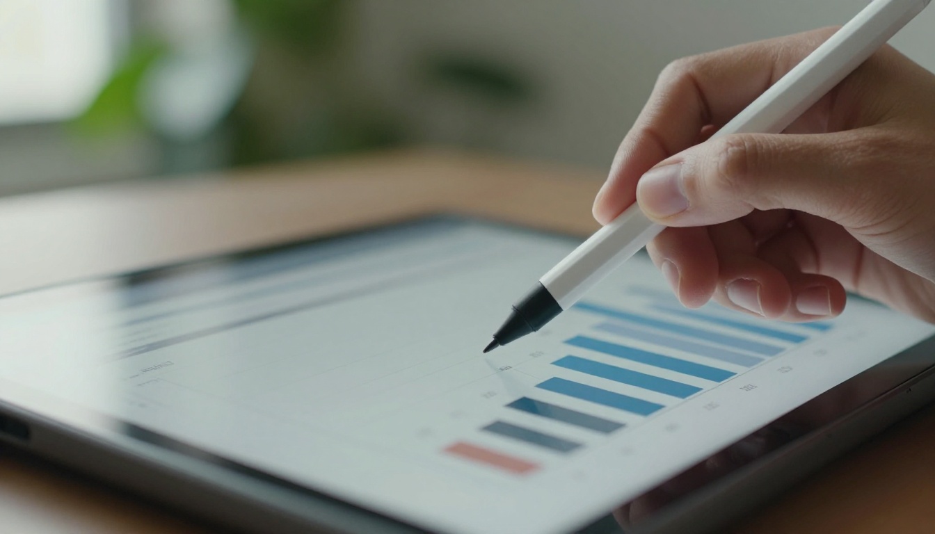 A man types on a laptop while a stylus rests over a tablet with a rising bar chart A man types on a laptop while a stylus rests over a tablet with a rising bar chart