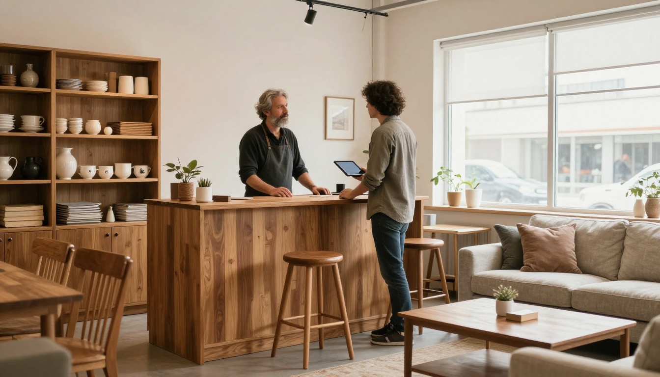 A business owner talks with a visitor holding a tablet in a furniture showroom A business owner talks with a visitor holding a tablet in a furniture showroom
