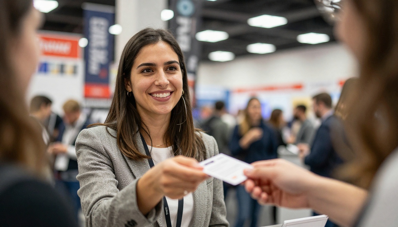 A woman hands a business card to a visitor at a trade show booth A woman hands a business card to a visitor at a trade show booth