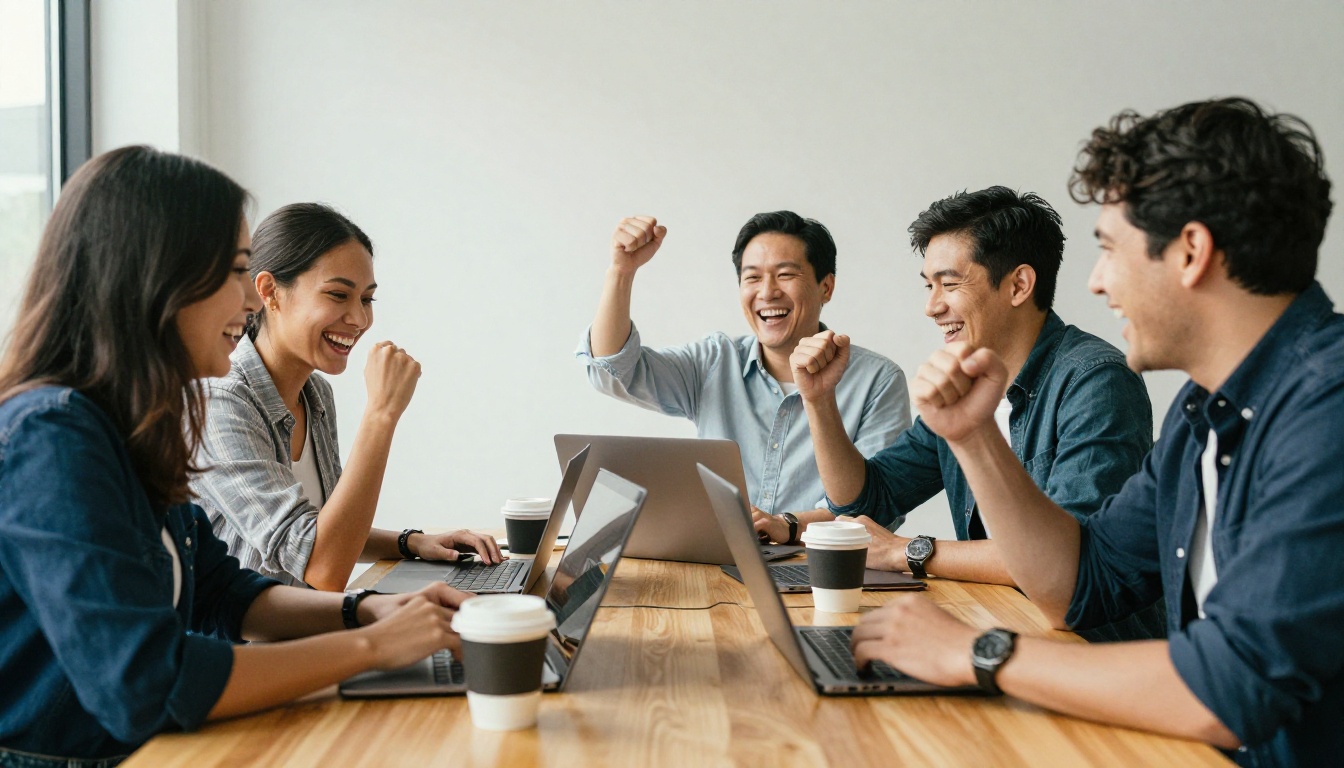 Four marketers celebrate around a conference table with laptops Four marketers celebrate around a conference table with laptops