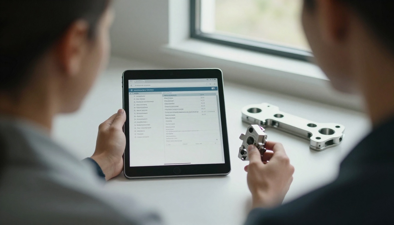 Procurement specialist comparing a tablet spec table with a metal sample Procurement specialist comparing a tablet spec table with a metal sample