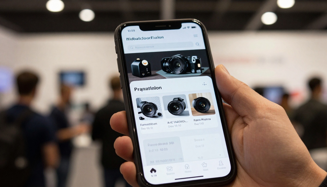 Smartphone showing a digital catalog page at a trade show Smartphone showing a digital catalog page at a trade show