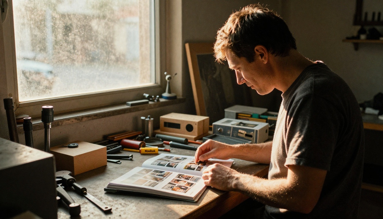 Workshop owner reviewing a catalog on a workbench Workshop owner reviewing a catalog on a workbench