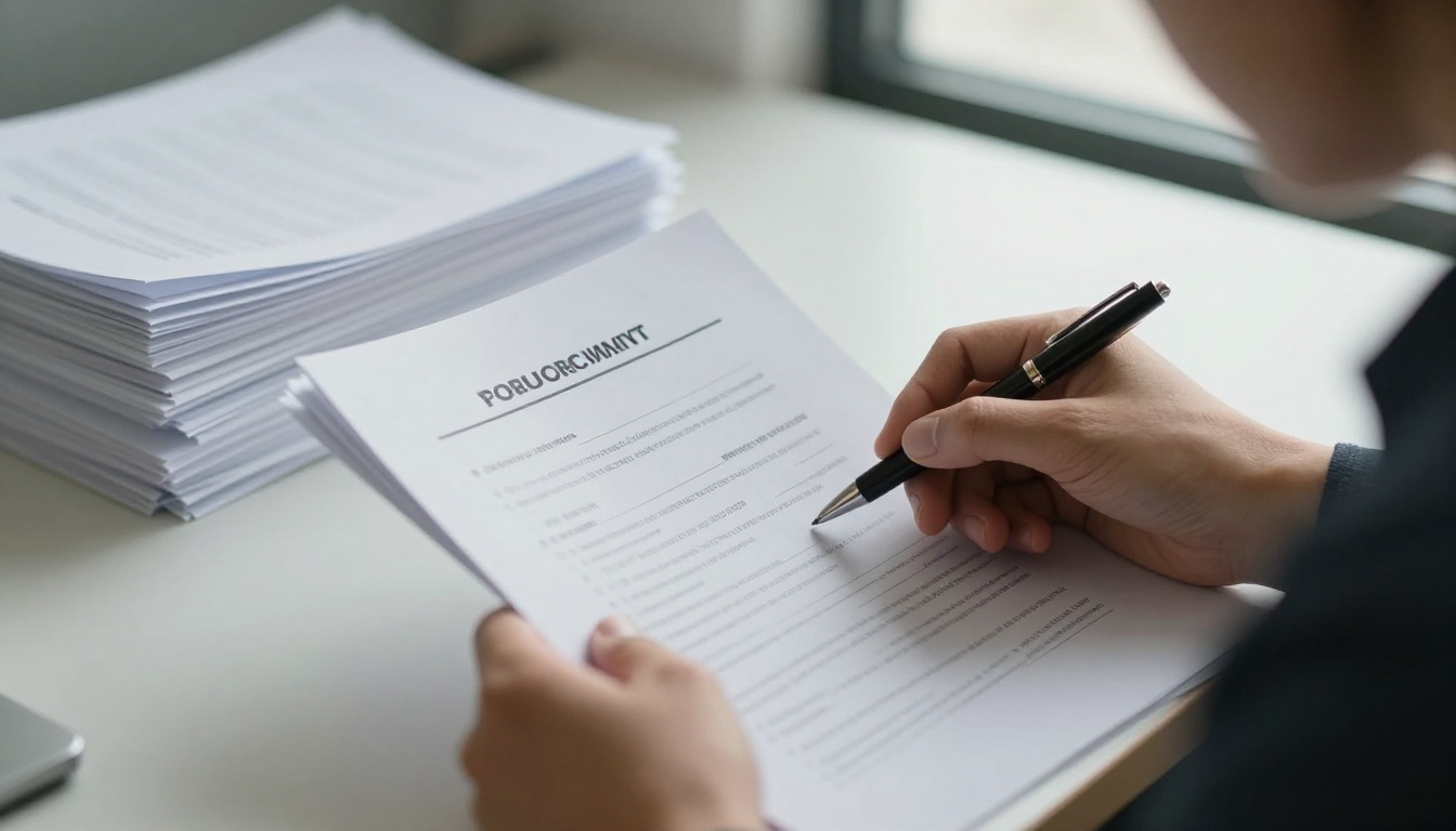 Procurement officer reviewing contractor submissions at a desk