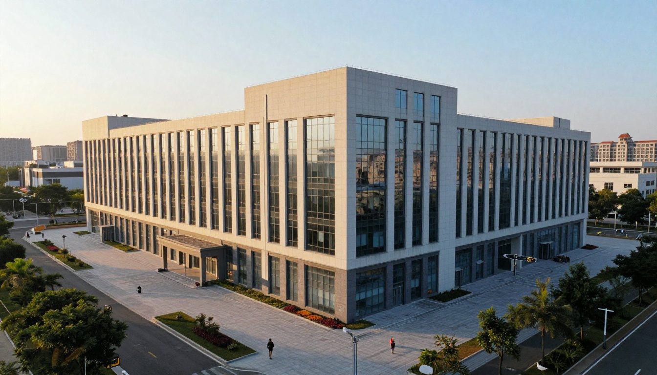 Aerial view of a finished commercial building with a landscaped plaza