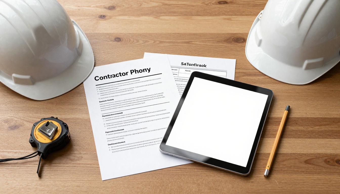 Flat lay of contractor documents, certificates and a hard hat on a desk