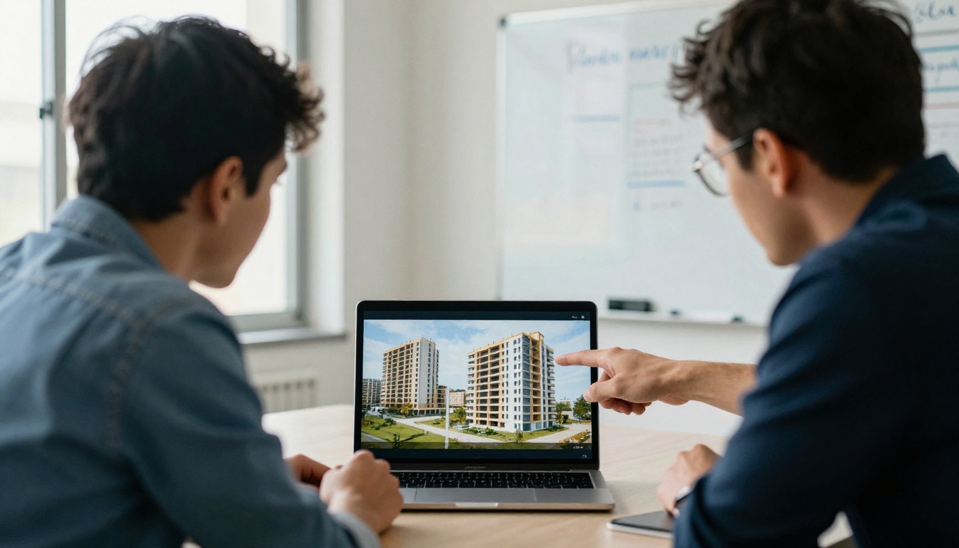 Project managers reviewing finished building photos on a tablet