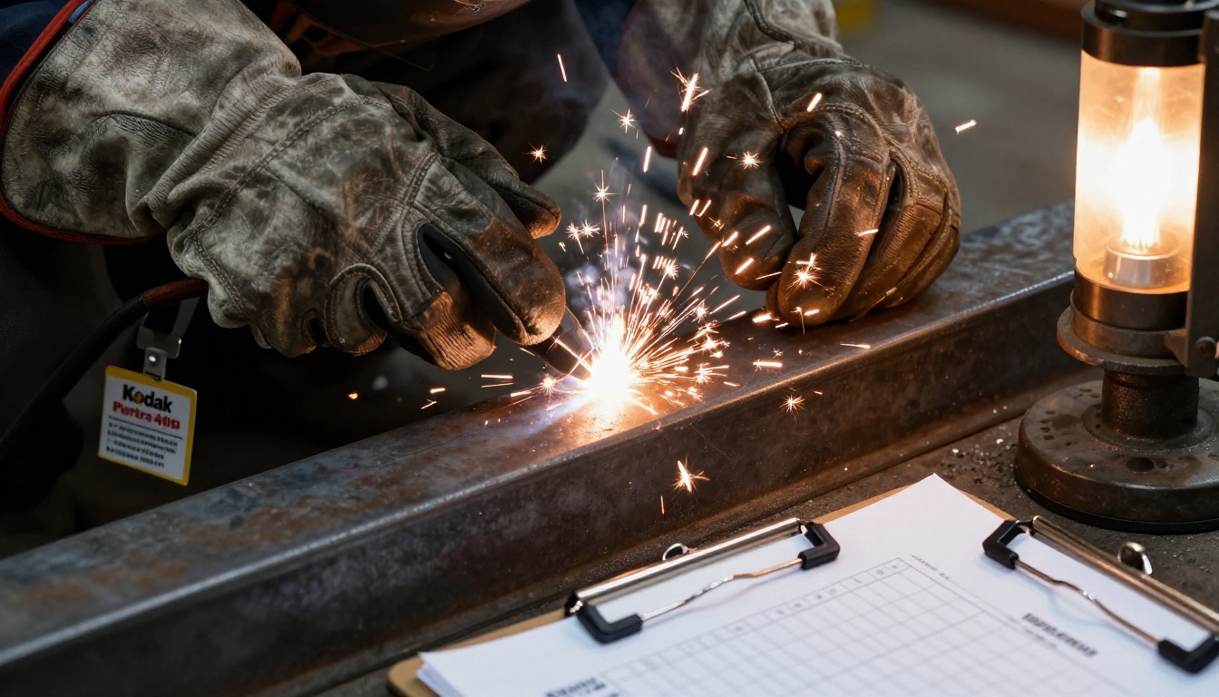 Safety certification badge and gloved hands on a steel beam