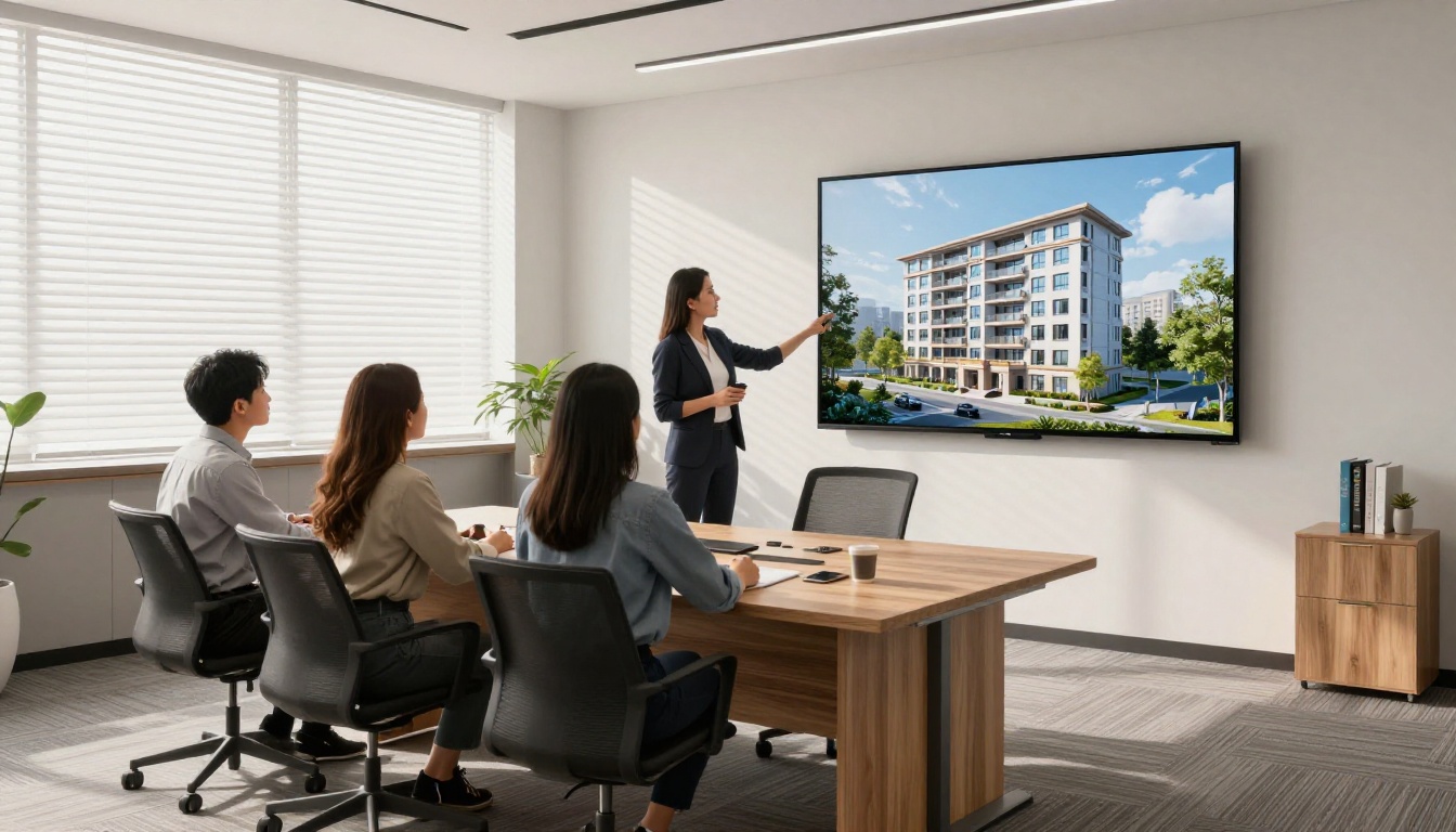 Woman presenting to clients in a modern contractor office