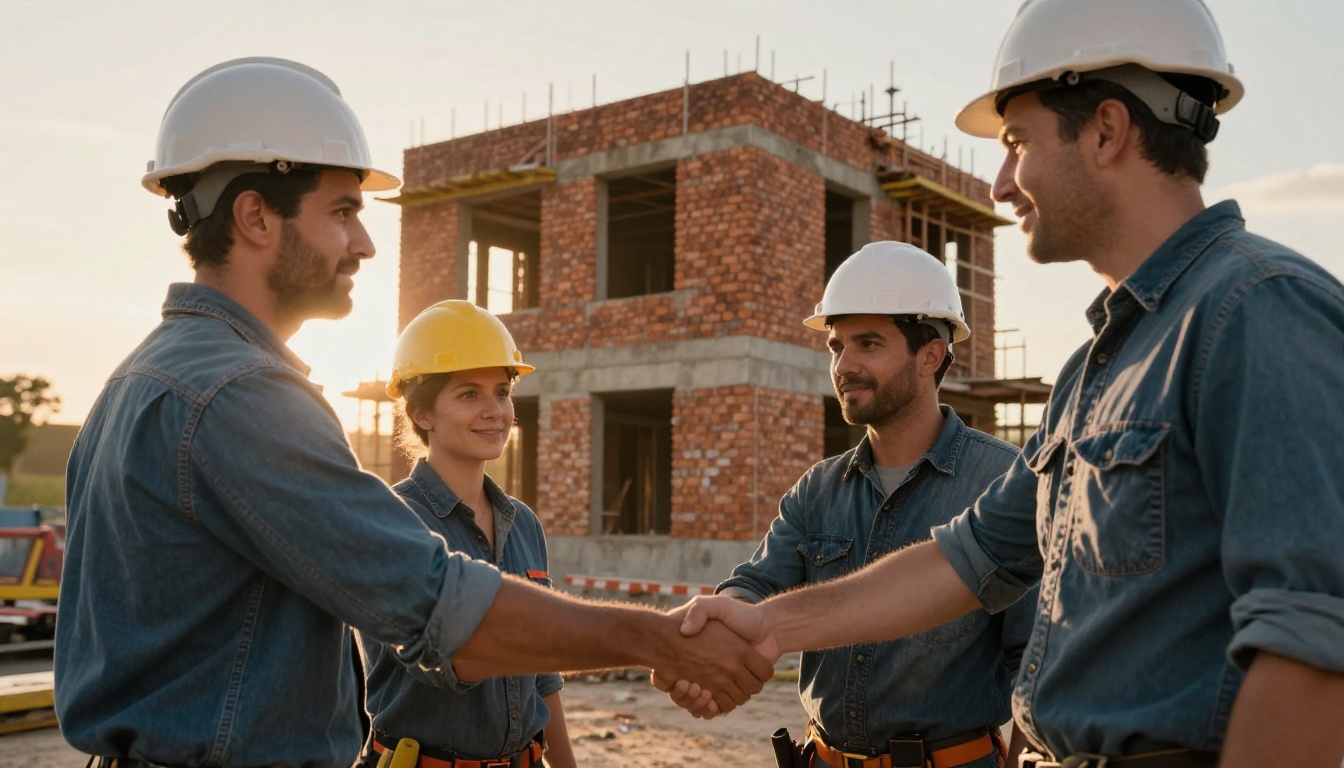 Construction team shaking hands with a client in front of a finished building