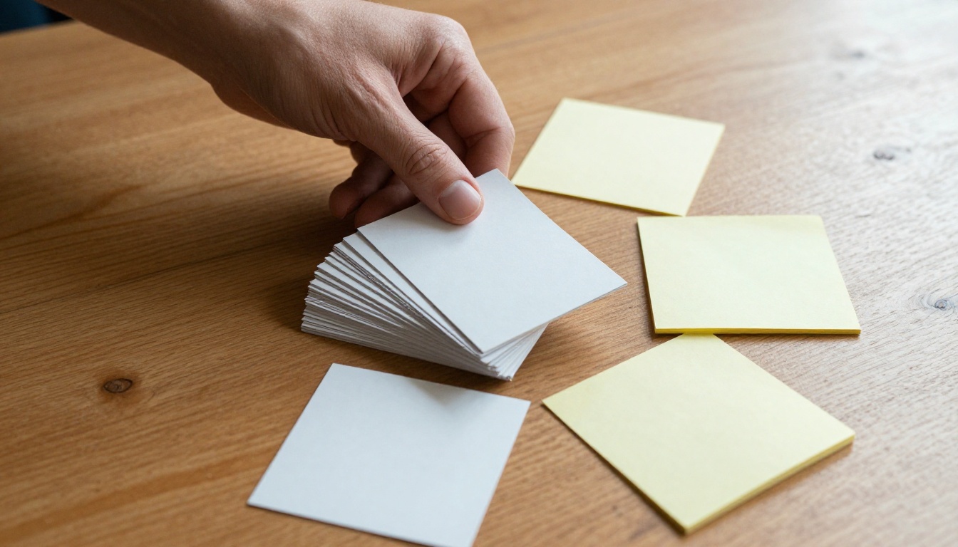 Overhead view of a hand sorting business cards into groups