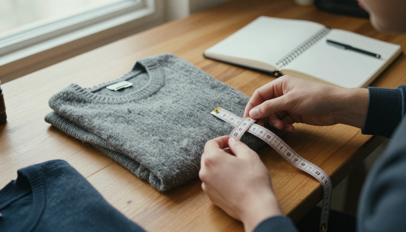 Hands holding a tape measure over a folded sweater to check sizing details Hands holding a tape measure over a folded sweater to check sizing details