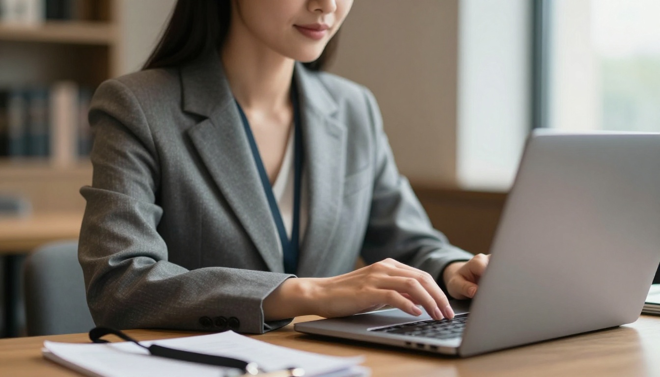 Woman in a gray blazer typing a follow-up email on a laptop in a hotel lobby