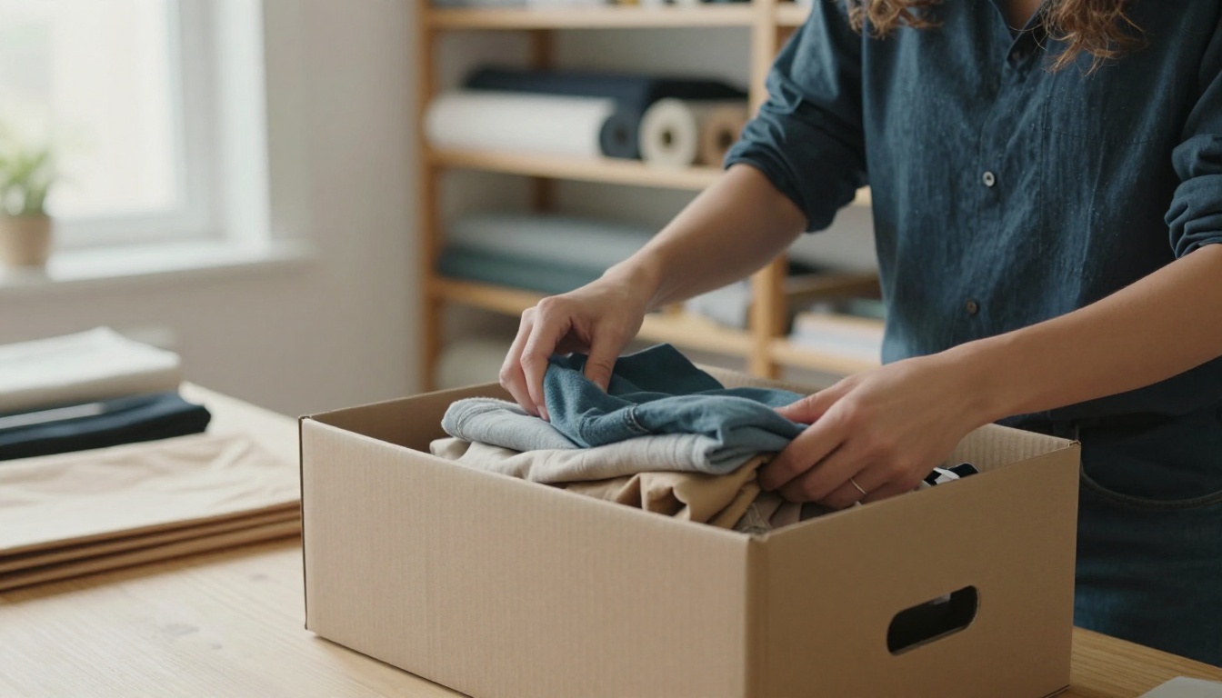 Brand founder packing folded garments into a shipping box in a bright studio Brand founder packing folded garments into a shipping box in a bright studio