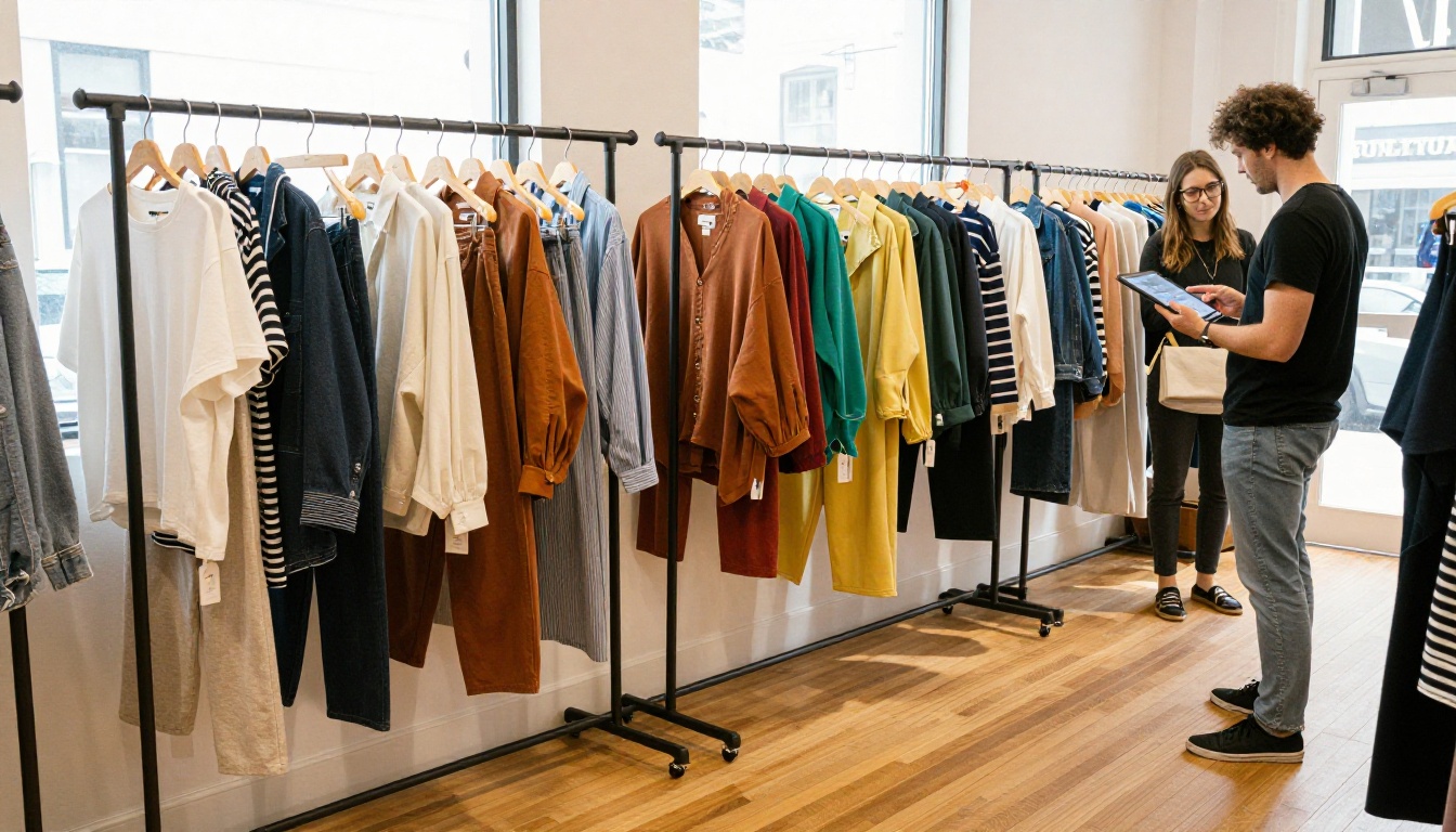 Rack of coordinated spring garments in a boutique with a buyer reviewing a tablet Rack of coordinated spring garments in a boutique with a buyer reviewing a tablet