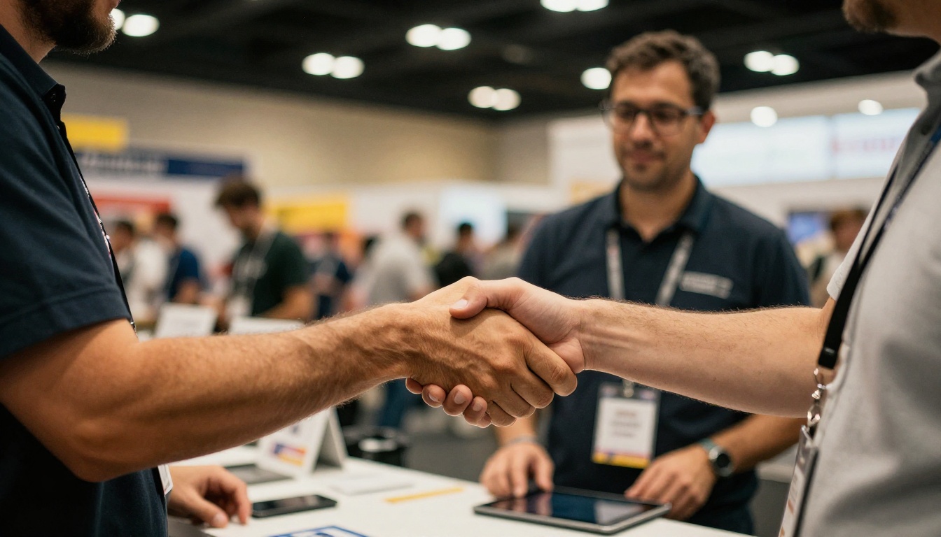 Medium shot of two professionals shaking hands at a trade show booth