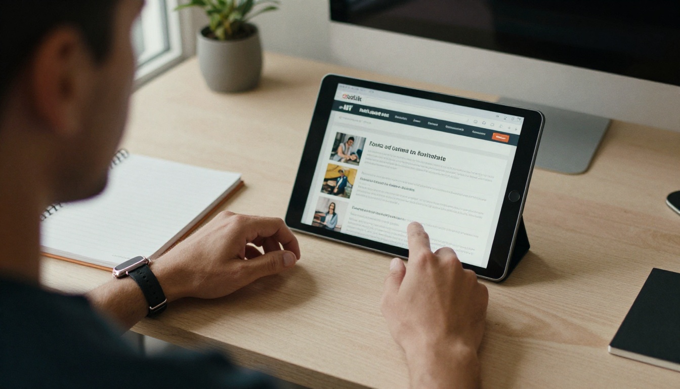 Marketer viewing a page-turning digital brochure on a tablet