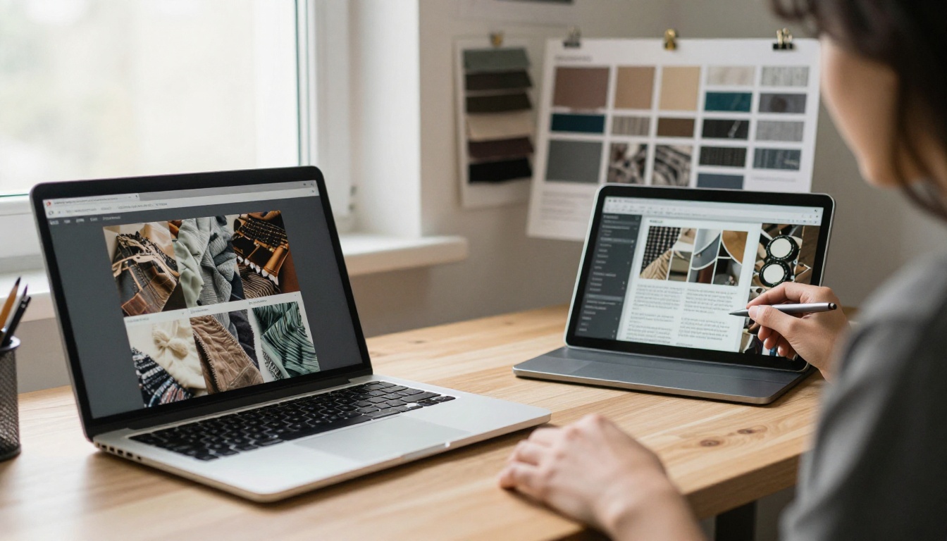 Designer with laptop and tablet showing a page-turning digital catalog Designer with laptop and tablet showing a page-turning digital catalog