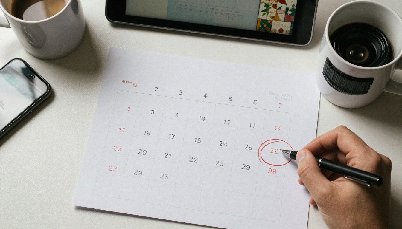 Top-down view of a desk with a calendar and a phone showing a reminder