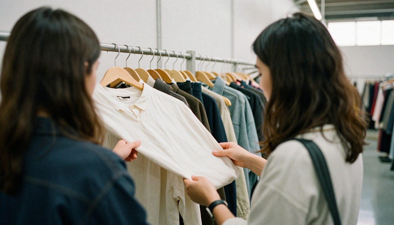 Two boutique owners comparing a sample rack at a wholesale trade showroom Two boutique owners comparing a sample rack at a wholesale trade showroom