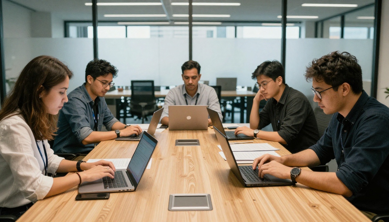 Team of four colleagues reviewing lead lists around a meeting table