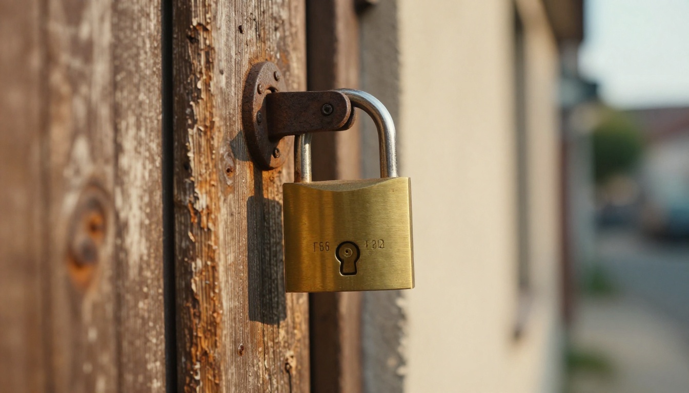 Brass padlock on a weathered wooden door Brass padlock on a weathered wooden door
