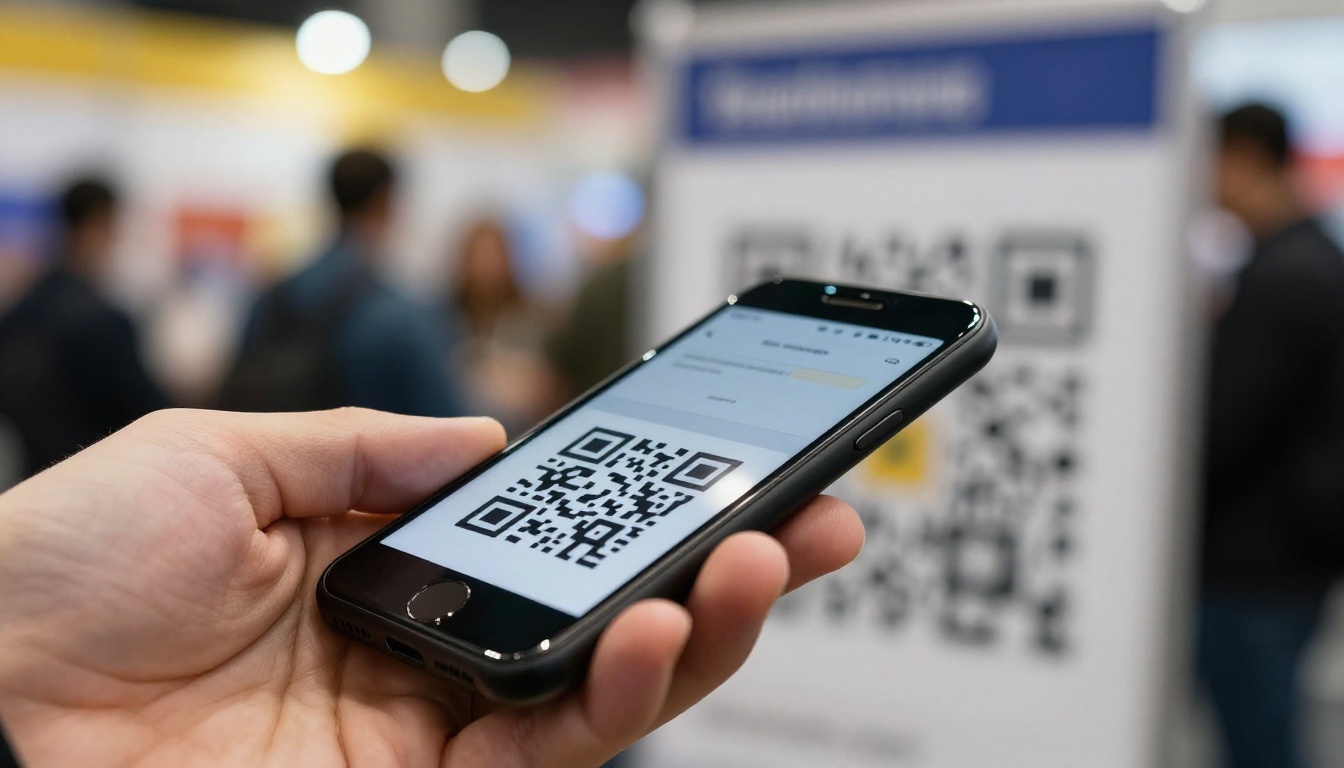 Close-up of a phone scanning a QR code on a booth counter sign