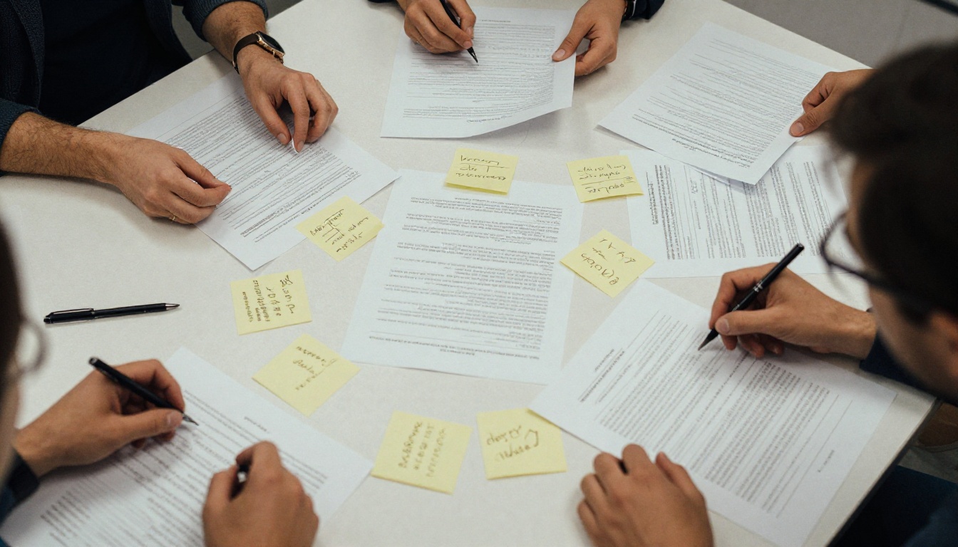Printed whitepapers and sticky notes on a workshop table Printed whitepapers and sticky notes on a workshop table