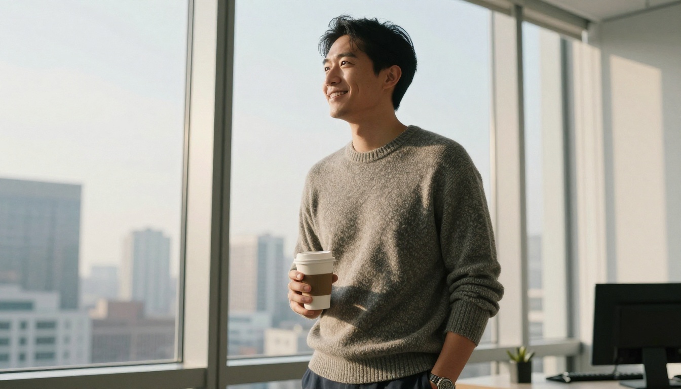 Wide shot of a satisfied sales manager standing at a window with coffee