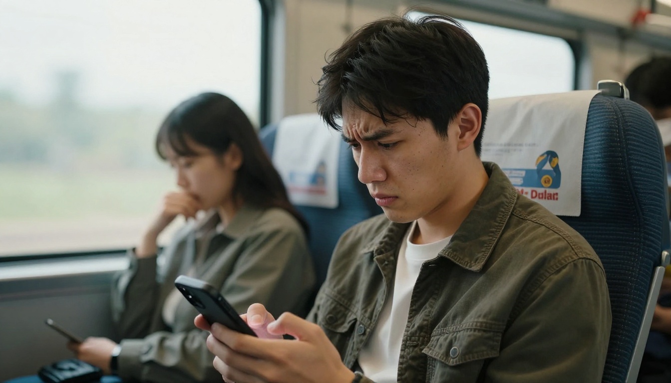 Frustrated commuter looking at a smartphone on a train Frustrated commuter looking at a smartphone on a train