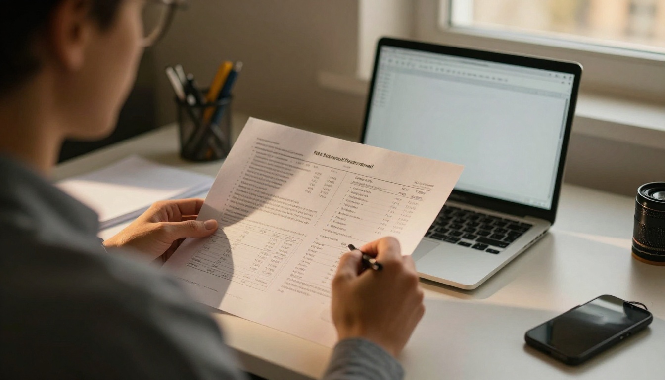 Analyst reviewing printed charts and a spreadsheet Analyst reviewing printed charts and a spreadsheet