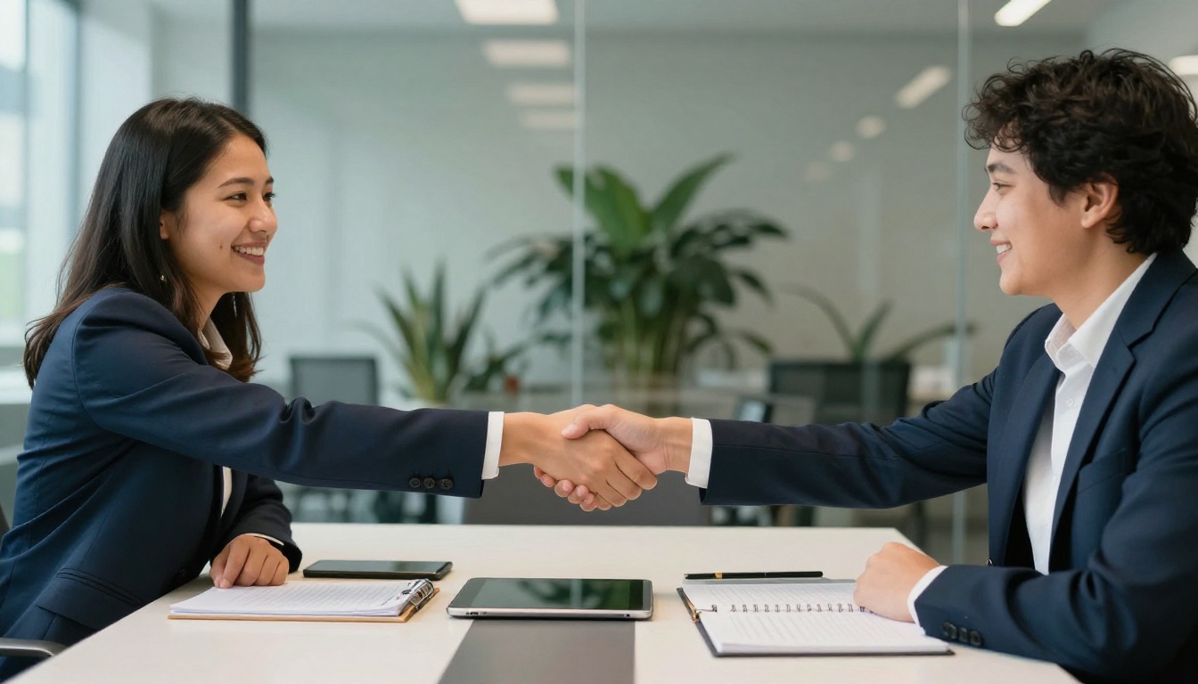 Two colleagues shaking hands across a meeting table Two colleagues shaking hands across a meeting table