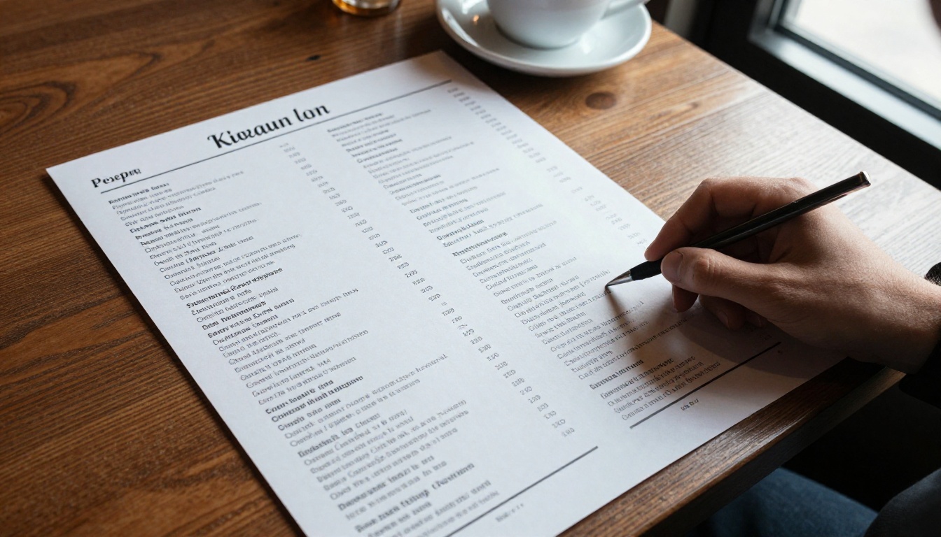 Overhead view of a crowded printed menu on a restaurant table
