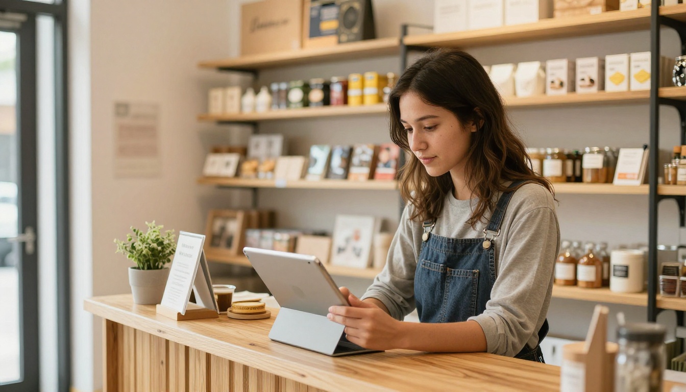 Small business owner using a tablet in a boutique Small business owner using a tablet in a boutique