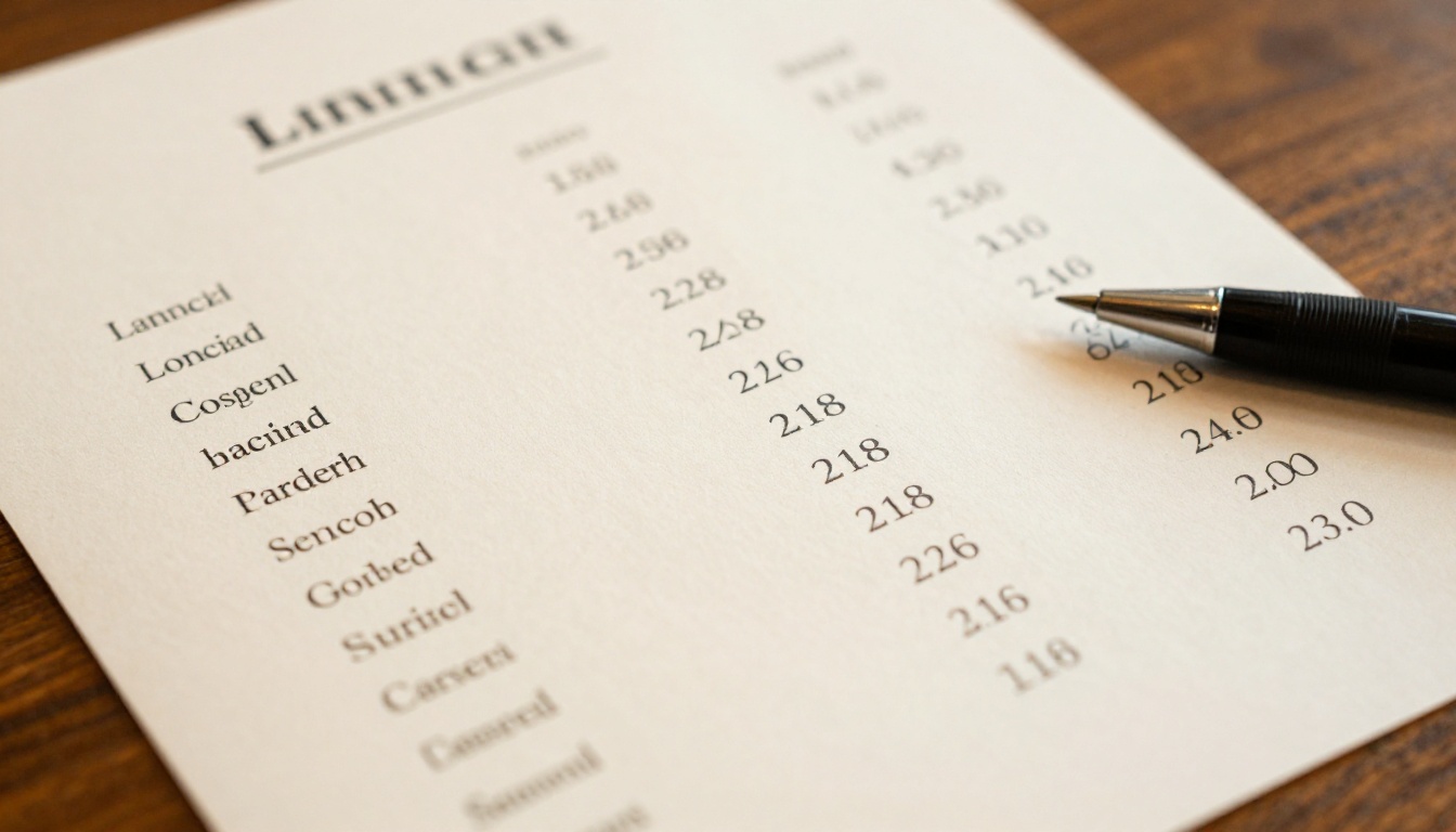 Close-up of a menu page with a neatly aligned price column