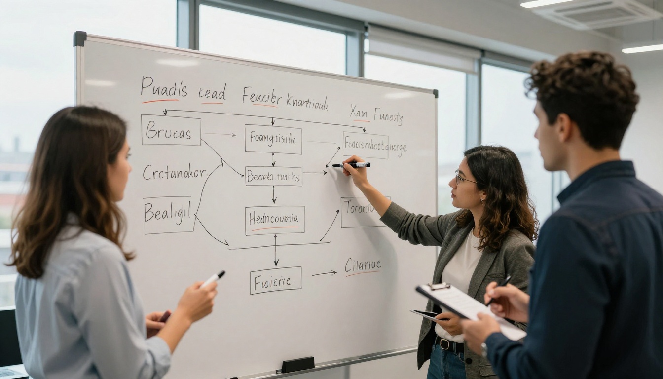 Marketing team planning a lead funnel at a whiteboard Marketing team planning a lead funnel at a whiteboard