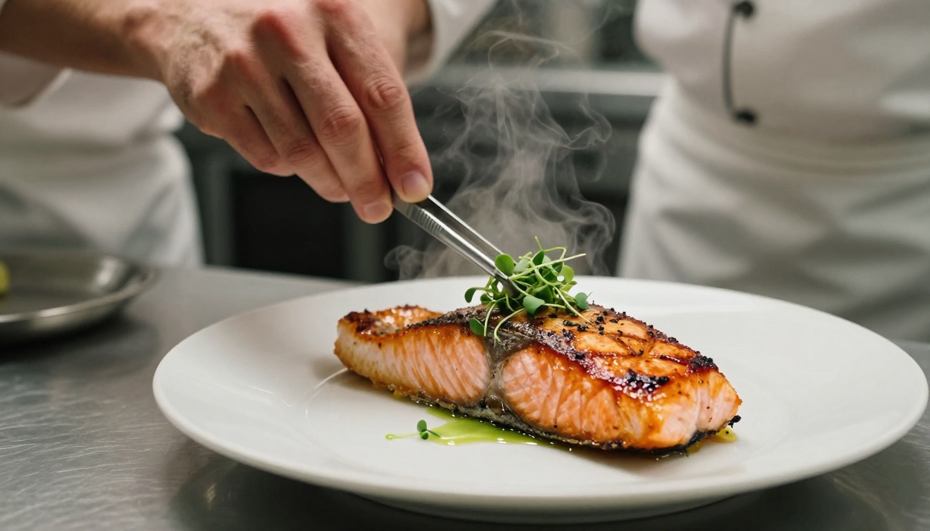 Chef plating a signature seared salmon dish