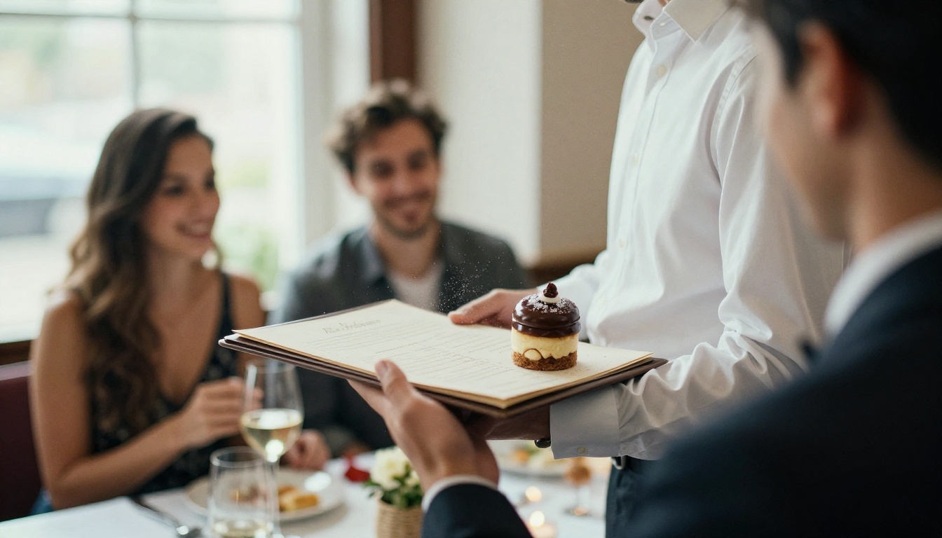 Waiter presenting a dessert tray to a smiling couple