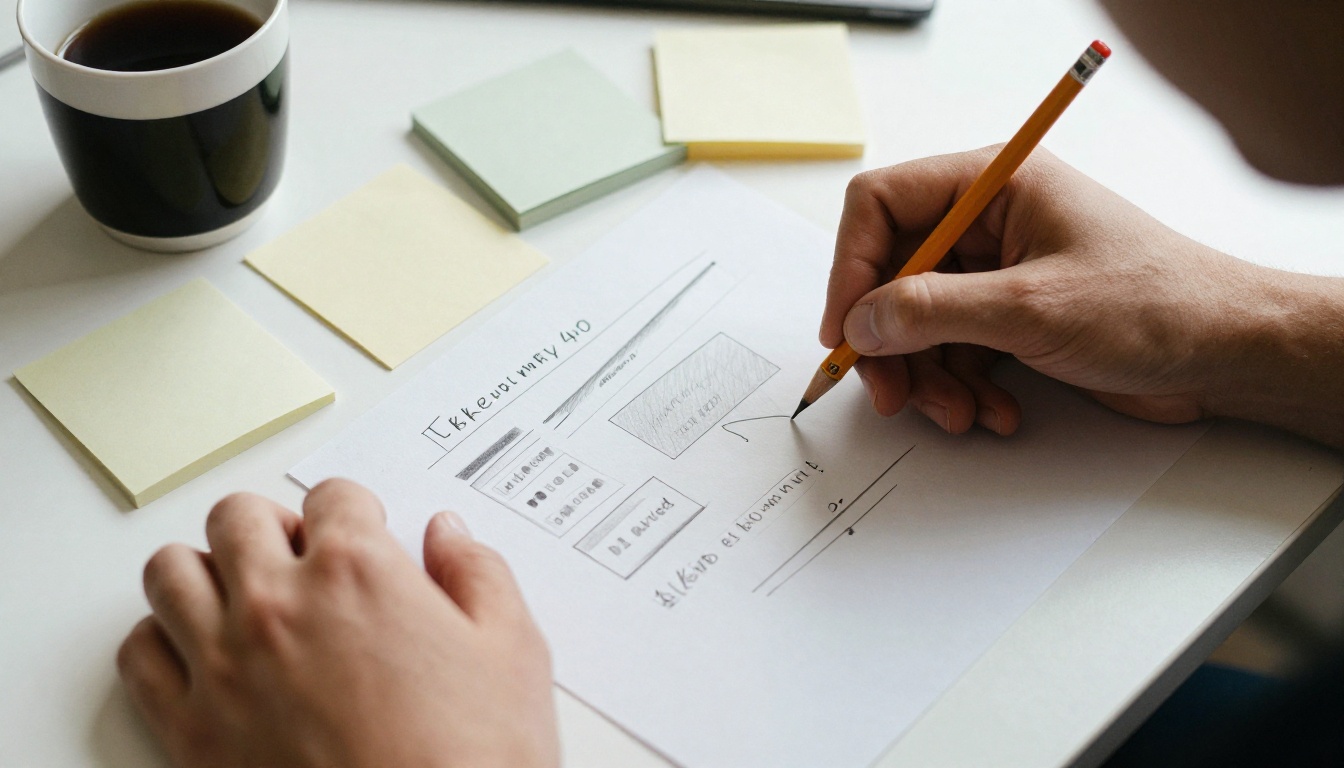 Hands sketching slide layouts on paper cards at a desk Hands sketching slide layouts on paper cards at a desk