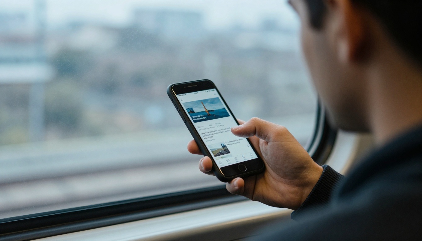 A man scrolling a phone feed on a commuter train A man scrolling a phone feed on a commuter train