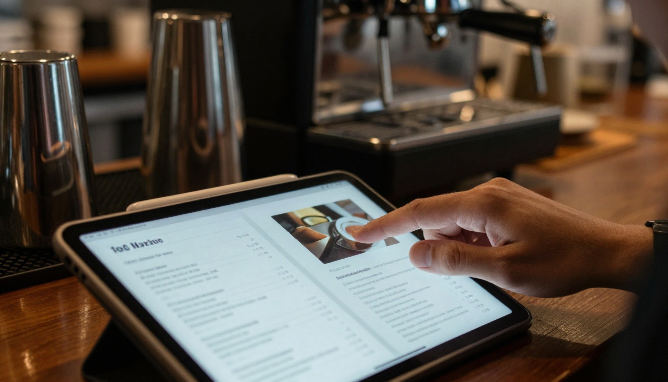 Tablet showing a page-turning digital flipbook menu on a bar