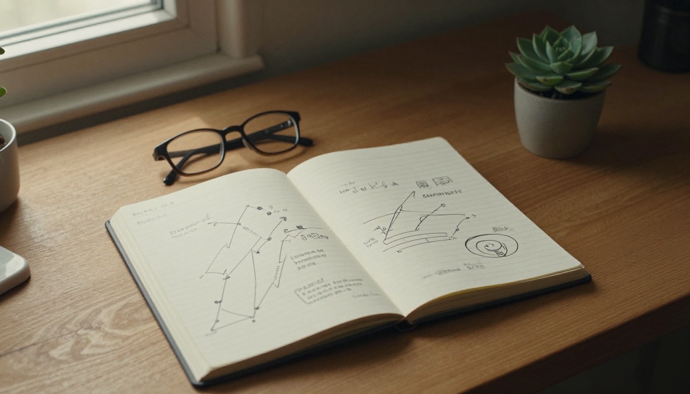 An overhead view of a desk with a notebook of hand drawn charts An overhead view of a desk with a notebook of hand drawn charts
